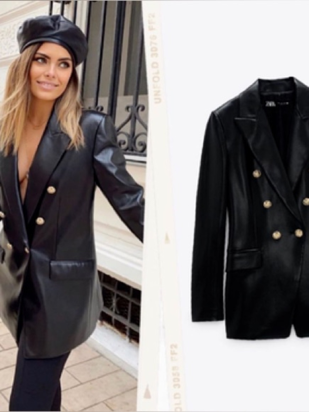 Zara Black Faux Leather Double-Breasted Blazer with Gold Buttons